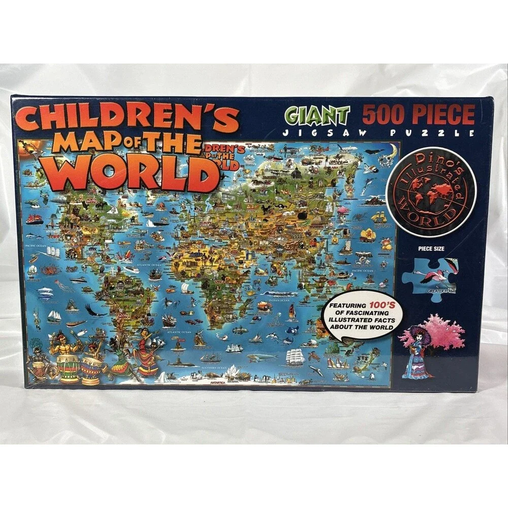 Dino’s Illustrated Children’s Map of The World 500 Pc 24x36” GIANT Puzzle • NEW